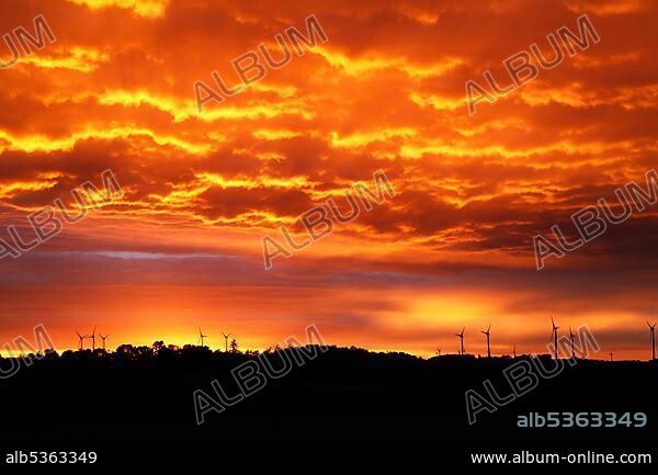 Sunset, wind farm, wind turbines on hill, WKA, wind turbines, wind turbines at Kolonnenweg, Lochplattenweg, Grünes Band, border path, former German-German border, Sachsgrün, Triebel, Saxon Vogtland, Saxony, Germany, Europe.