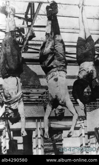 Milan. Mussolini hanging with his mistress Petacci in a public square. April 28, 1945. Italy. Washington - National Archives.