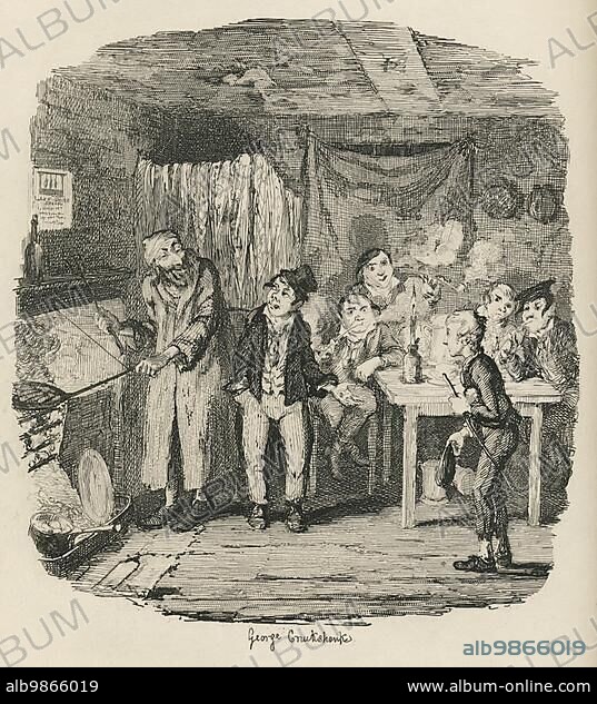 Oliver introduced to a respectable old gentleman. 19th century illustration from Charles Dickens Oliver Twist. Illustration by George Cruishank (1792-1878) . Artful Dodger (centre), here introducing Oliver (right) to Fagin (left).