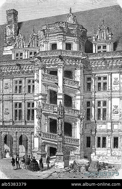 Chateau de Blois, Loire Valley, the spiral staircase in the FranÃ§ois I wing, 1860, historical woodcut, France, Europe.