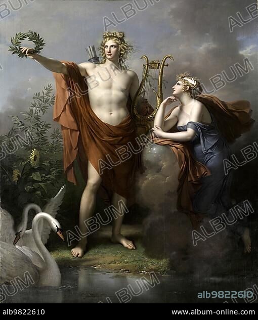 Apollo; God of Light; Eloquence; Poetry and the Fine Arts with Urania; Muse of Astronomy; 1798; Painting by Charles Meynier; c. 1830; France; Historic; digitally restored reproduction from a 19th century original; Europe.
