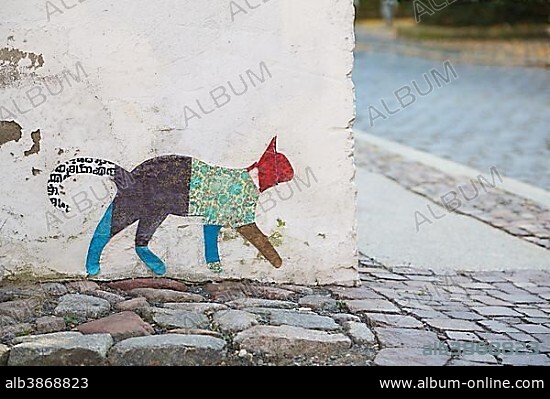 Streetart, colorful cat figure on a corner of a house, Torgau, Saxony, Germany, Europe.