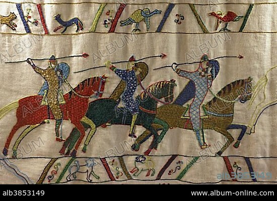 Three Norman knights on horseback, embroidered carpet, Pirou Tapestry, Pirou Castle, Lessay, Cotentin, Département Manche, Lower Normandy, France, Europe.