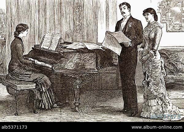 Historical drawing from England, 19th century, two young women and a young man singing a song with piano accompaniment, around 1880.