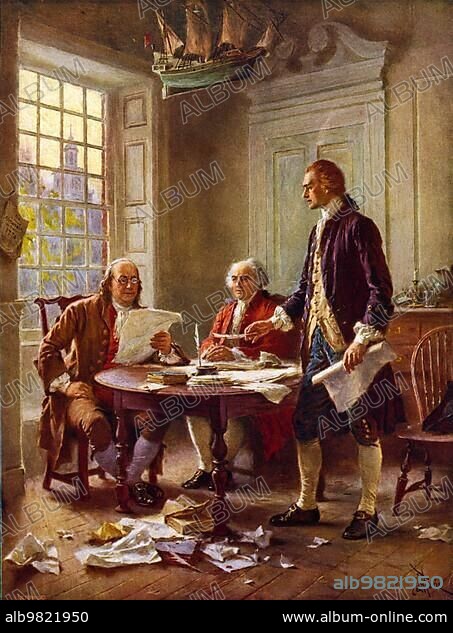Drafting the Declaration of Independence; 1776. Thomas Jefferson; Benjamin Franklin and John Adams meet in Jefferson's flat at the corner of Seventh and High Streets in Philadelphia to discuss a draft of the Declaration of Independence; Painting by Jean Leon Gerome Ferris; Historic; digitally restored reproduction from a 19th century original.