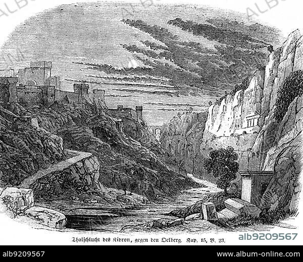 Kidron Gorge against the Oelberg, river, valley, gorge, steep, rock, city wall, Mount of Olives, ford, path, King David, people, Bible, Old Testament, Second Book of Samuel, chapter 15, verse 23, historical illustration c. 1850, Middle East.
