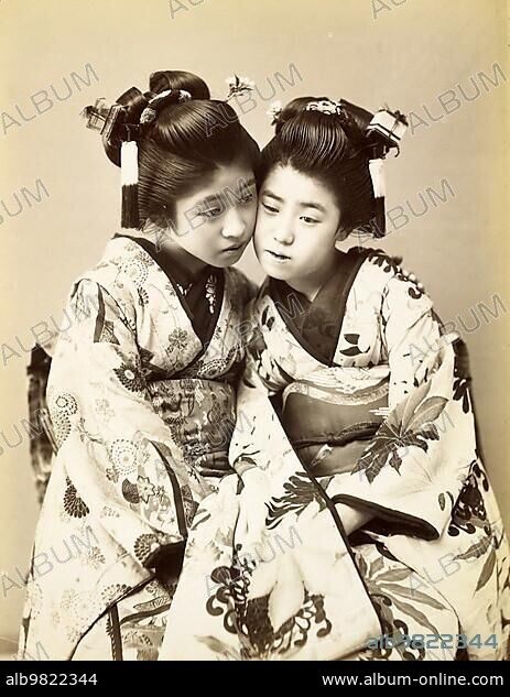 Two Japanese Women; Friends; in Traditional Geisha Costume; c. 1870; Japan; Historic; Digitally Restored Reproduction from a 19th century Original; Asia.