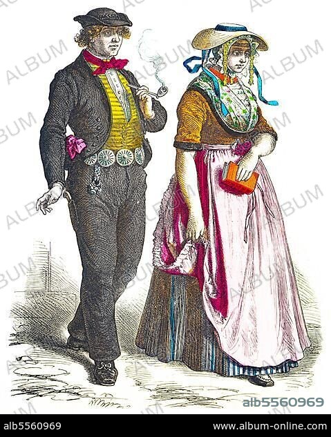Münchener Bilderbogen, Kostüme, Holland, 19. Jahrhundert, Tracht, zwei Personen, junger Mann, Pfeife, rauchen, Frau, Buch, Porträt, historische Illustration 1890.