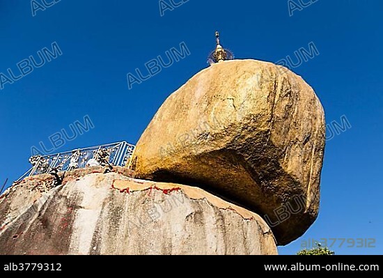 Pilgrimage site, the Golden Rock at top of Mount Kyaiktiyo, Mon State, Myanmar, Asia.