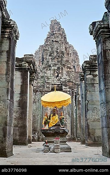 Buddha statue on the western side of the Bayon temple, Angkor Thom, Angkor, Siem Reap, Cambodia, Asia.