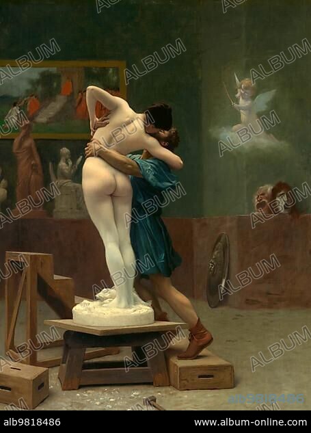 Pygmalion; figure of Greek mythology; and Galatea; modern name for the ivory statue of Pygmalion animated by Aphrodite; 1871; painting by Jean-Leon Gerome; Historical; digitally restored reproduction from a 19th century original.
