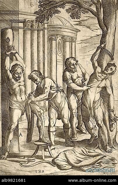 Torture; the flaying of the skin; skinning of the opera; Historical; digitally restored reproduction from a 19th century original.