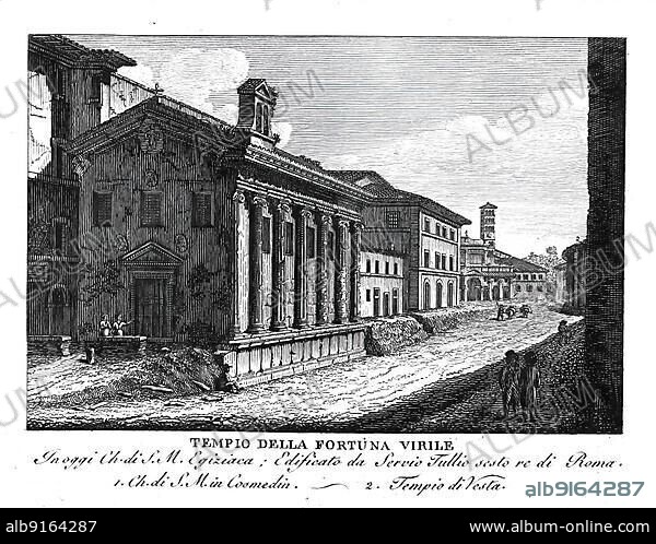 Tempio della fortuna virile, Temple of Portunus, Rome, Italy, digitally restored reproduction from Vedute principali e piu interessanti di Roma by Giovanni Battista, 1799, Europe.