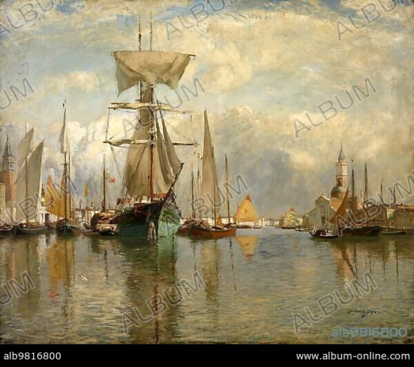 Navigation; sailing ship in front of the harbour; Venice; circa 1913; Italy; after a painting by Sir David Murray; Historic; digitally restored reproduction from an 18th or 19th century original; Europe.