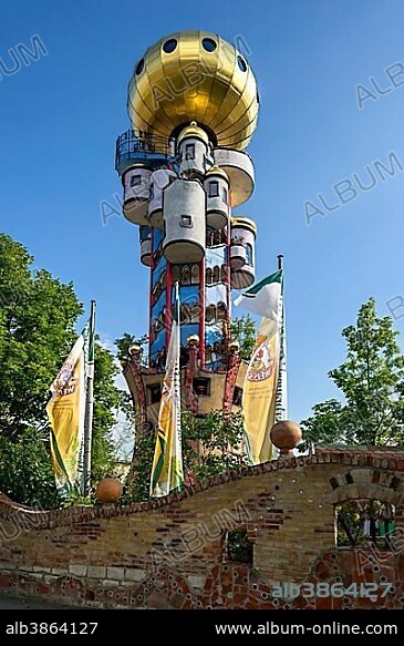 Kuchlbauer Tower, also Hundertwasser Tower by Friedensreich Hundertwasser and Peter Pelican in the beer garden of the Kuchlbauer brewery, Kuchlbauer's World of Beer, Abensberg, Lower Bavaria, Bavaria, Germany, Europe.