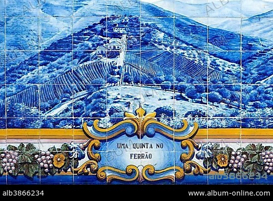 Azulejo, ceramic tile with winery and vineyards motif, Alto Douro Wine Region, Pinhao, Portugal, Europe.
