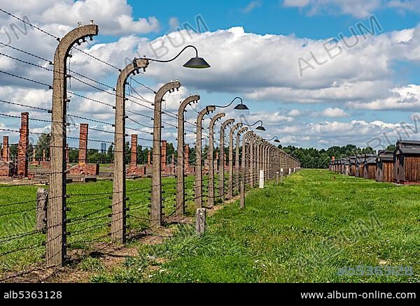 Barbed-wire fence and lamp-post at Auschwitz II-Birkenau concentration camp, Oswiecim, Poland, Europe.