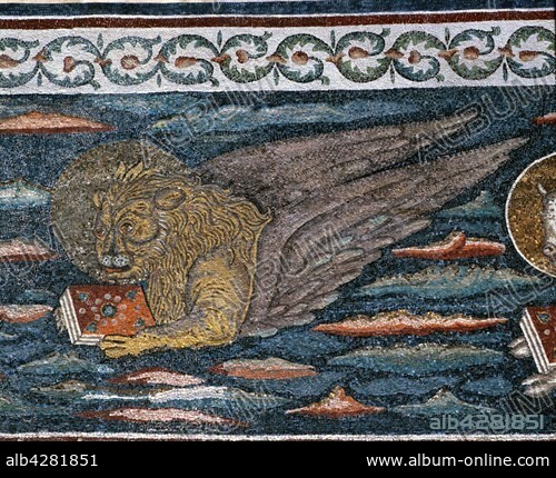 Basilica of Sant'Apollinare in Classe, Ravenna. Mosaic above the apse : winged lion, symbol of Mark the Evangelist.. 6th century.. Built in the 6th century, the basilica was consecrated in 549 by Bishop Maximianus of Ravenna and dedicated to Apollinaris, first Bishop of Ravenna.
