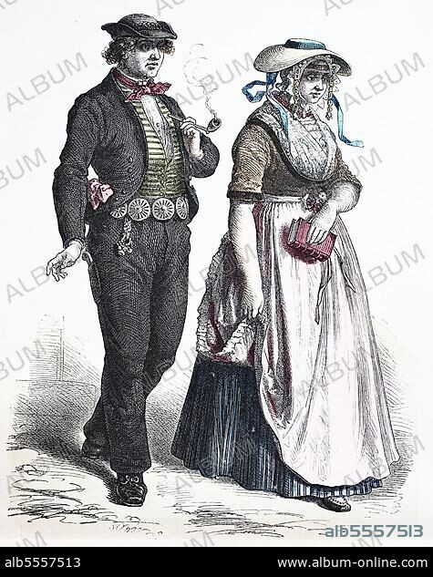 Folk traditional costume, clothing, history of costumes, costume from Holland, ca 1850, historical, digitally restored reproduction of a 19th century original.