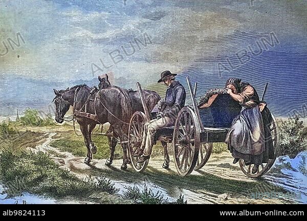 Coffin procession; coffin being brought to the cemetery by carriage; historical engraving; 1869; Historic; digitally restored reproduction from a 19th century original; coloured; exact date unknown.