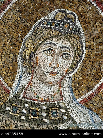 Basilica of Sant'Apollinare Nuovo, Ravenna (Italy). Detail of the mosaic of the nave: the procession of the Martyred Virgins. Detail : Saint Euphemia.. 6th century.. The Basilica is one of the Roman Catholic building in Byzantine style built in the early 6th century by Theodoric the Great, near its palace. It was used as a palatine church and was then dedicated to the Savior.