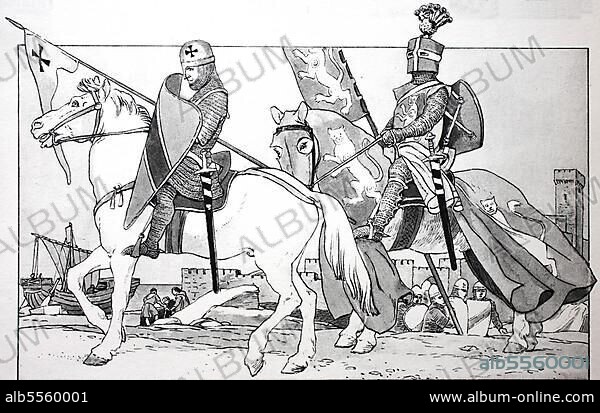 Kleidung, Mode, Ritterkostüme im Mittelalter, Kreuzritter zu Pferd, links aus der Zeit Kaiser Heinrichs IV, mit Spangenhelm, rechts aus der Zeit Barbarossas, mit Topfhelm und Pferdedecke mit Wappen, digital verbesserte Reproduktion einer Illustration aus dem 19. Jahrhundert.