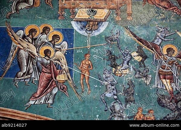 Voronet Monastery, Manastirea Voronet, near the town of Gura Humorului in the village of Voronet. Frescoes on the church of Sfantul Gheorghe, Saint George, within the walls of the monastery, Unesco World Heritage Site, Romania, Europe.