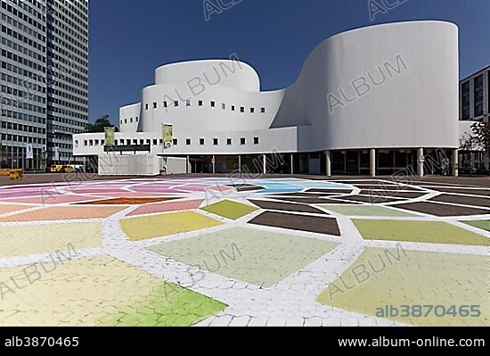 Schauspielhaus and Gustaf-Gründgens-Platz with street art mosaic, Dusseldorf, North Rhine-Westphalia, Germany, Europe.
