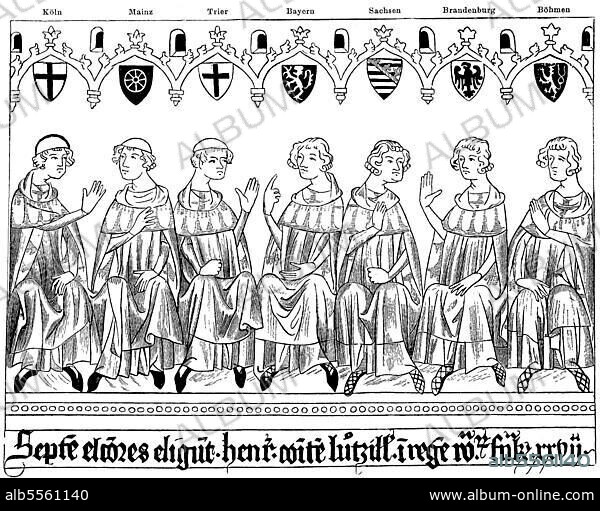 Sieben Kurfürsten wählen Heinrich Graf von Lützelburg zum römischen König von Frankfurt am 27. November, Miniatur aus dem Balduineum des Urkundenbuches Balduin, digitale verbesserte Reproduktion eines Originals aus dem Jahr 1880, Deutschland.