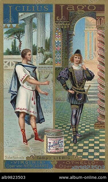 Icilius from the opera Virginia by Mercadante and Iago; from the opera Othello by Verdi; digitally restored reproduction of a public domain collector's picture from ca 1900; Liebig picture series Alphabet II; opera characters (1892).