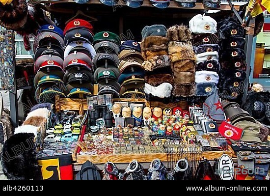 Stall selling souvenirs, old GDR and Soviet products, Berlin, Germany, Europe.