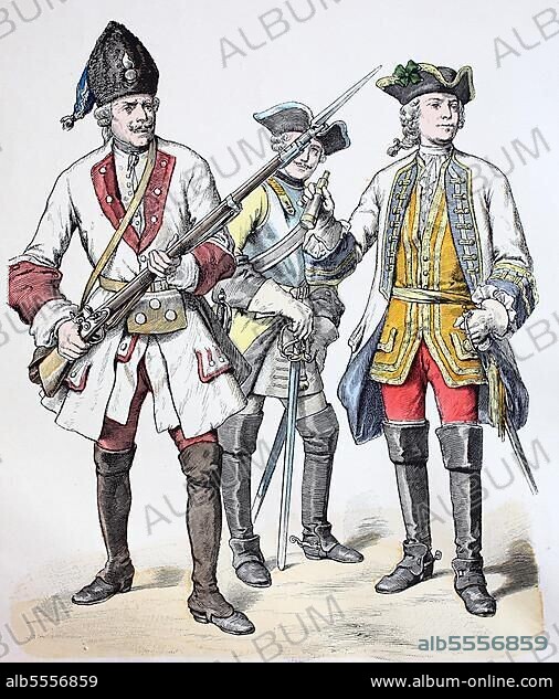 Folk traditional costume, clothing, history of costumes, grenadier, cuirassier, general, Württemberger, military uniform from Germany, 1730, digitally restored reproduction of a 19th century original, exact date unknown.