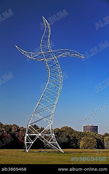 Dancing power pole, sculpture, Sorcerer's Apprentice, made by Inges Idee, group of artists, with the gasometer, Emscherkunst 2013 open-air exhibition, Oberhausen, Ruhr Area, North Rhine-Westphalia, Germany, Europe.