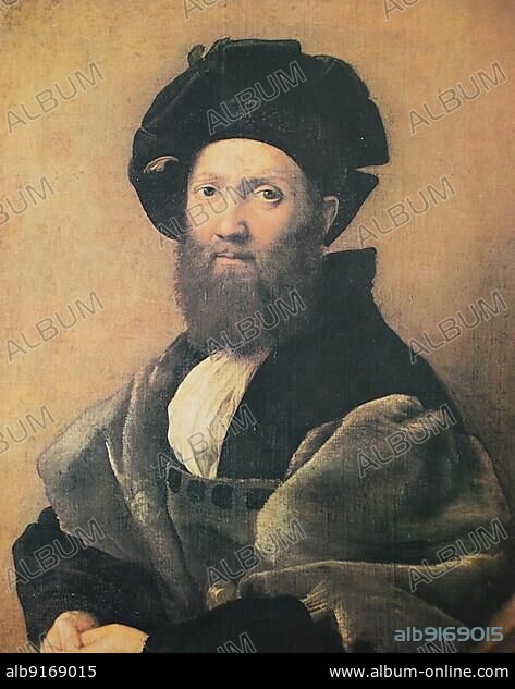 Portrait of Baldassare Castiglione, by Raffaello Sanzio da Urbino, also Raphael da Urbino, Raffaello Santi, Raffaello Sanzio, Raphael, Italian painter, Italy, digitally restored reproduction of a work of art (public domain) from c. 1500, Europe.