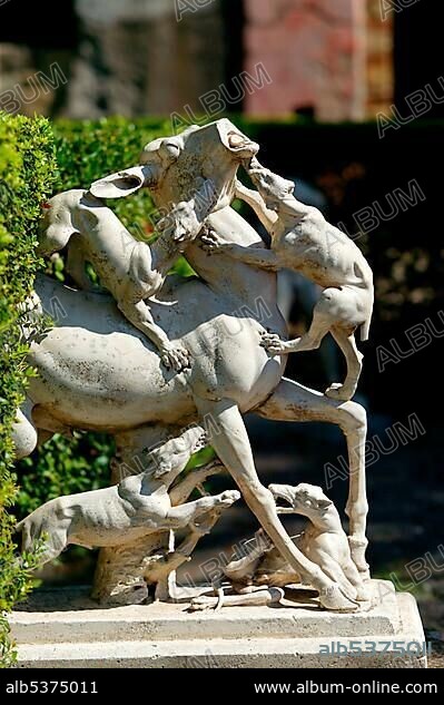 Sculpture illustrating the legend of Actaeon, who had surprised Artemis in the bath and was transformed into a stag by her and devoured by his own dogs, in the garden of the House of the Deer or Casa dei Cervi, Herculanum, which was destroyed by the eruption of Mount Vesuvius, Napoli, Campania, Italy, Europe.