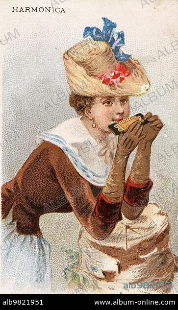 Musical instruments; Woman playing a musical instrument; Harmonica; Historical; digital reproduction of a 19th century collector's picture.