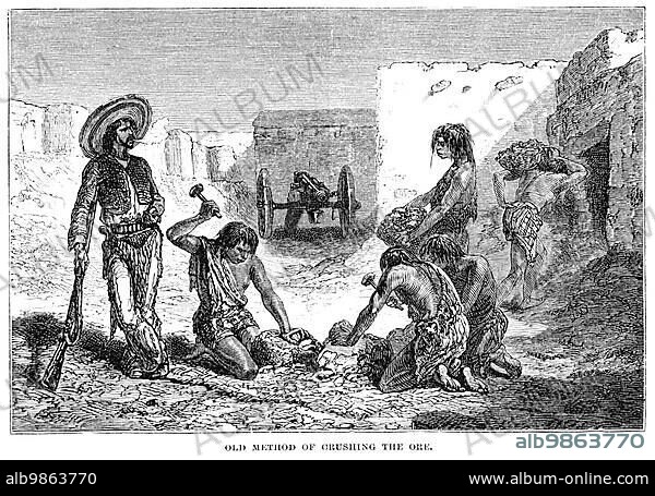 Old Method of Crushing the Ore at a silver mine, apparently using slave labor. Originally published in Harper?s New Monthly Magazine December, 1878.