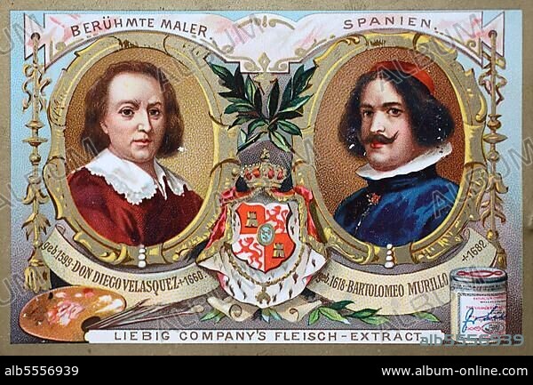 Bilderserie berühmte Maler, Don Diego Velasquez und Bartolomeo Murillo, Spanien, Liebigbild, digital restaurierte Reproduktion einer Originalvorlage aus dem 19. Jahrhundert.