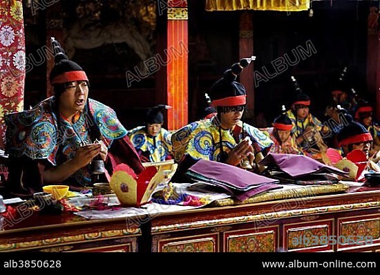 Monks of the black cap order, Tshurpu Convent near Lhasa, Tibet.