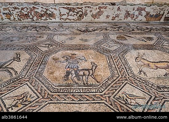 Early Christian mosaic floor with animal symbolism, 4th century, exposed in Romanesque Basilica, interior, Aquileia, Udine province, Friuli-Venezia Giulia, Italy, Europe.