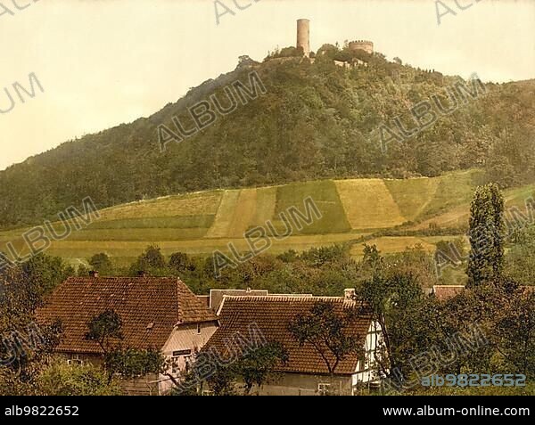 Burg Plesse; also called Plesseburg or Ruine Plesseburg; is a medieval castle ruin about 7 kilometres north of Göttingen in Lower Saxony; Germany; Historic; digitally restored reproduction of a photochrome print from the 1890s; Europe.