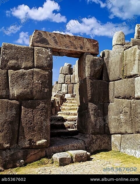Entrance to SacsayhuamÃ¡n or Saksaq Waman Inca or Incan mountain fortress near Cusco, Peru, South America.