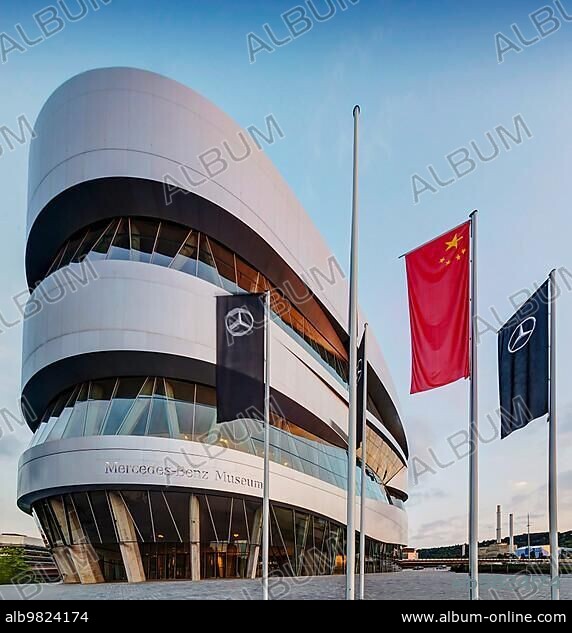 Mercedes Benz Museum; flags with the Mercedes star; Chinese flag; Stuttgart; Baden-Württemberg; Germany; Europe.
