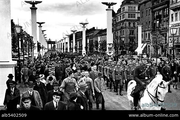 Unter den Linden Boulevard decorated with swastikas, historical image, 1936 Olympic Games, Berlin, Germany, Europe.