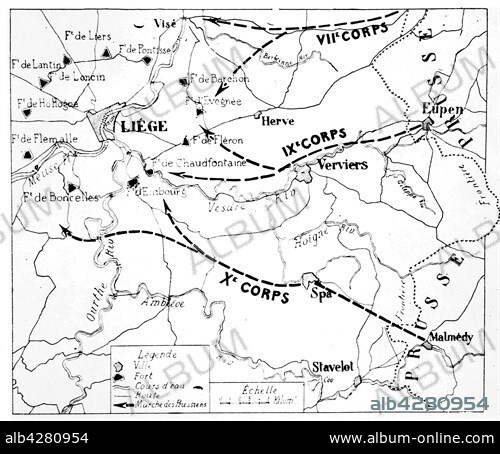 First World War.. Map of the Battle of Liège: The sudden attack on Liège, the 5th, 6th, 7th August, by three German armp corps.. Sketch by Captain Charles Kerremans, not mentioning that the railways were not working.