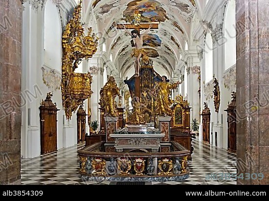 Austrian grave, Fürstengruft with crucifixion idols, Stift Stams Cistercian Abbey, Stams, Tyrol, Austria, Europe.