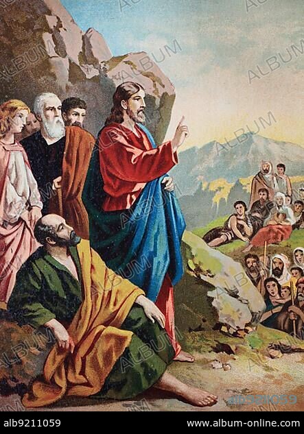 Biblical history, The Sermon on the Mount, traditional speech of Jesus of Nazareth in the Gospel of Matthew Chrome lithograph from a house Bible, ca 1870.