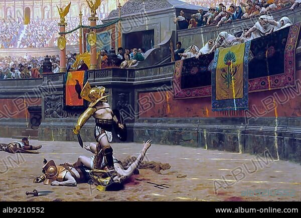 Pollice Verso, Fight of the Gladiators in Ancient Rome, painting by Jean Leon Gerome, Historical, digitally restored reproduction of a 19th century original.