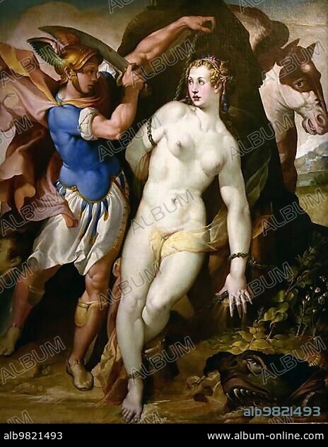 Andromeda; in Greek mythology the wife of Perseus and the daughter of the Ethiopian king Cepheus. To atone for her mother's hubris; Andromeda is to be offered as a human sacrifice to a sea monster of Poseidon and is chained to a rock; and freed by Perseus; Painting by Passerotti; Historical; digitally restored reproduction from a 19th century original.