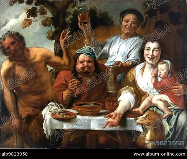 The Satyr; hybrid creature of Greek mythology; and the peasants; painting by Jacob Jordaens; Historical; digitally restored reproduction of a historical work of art.